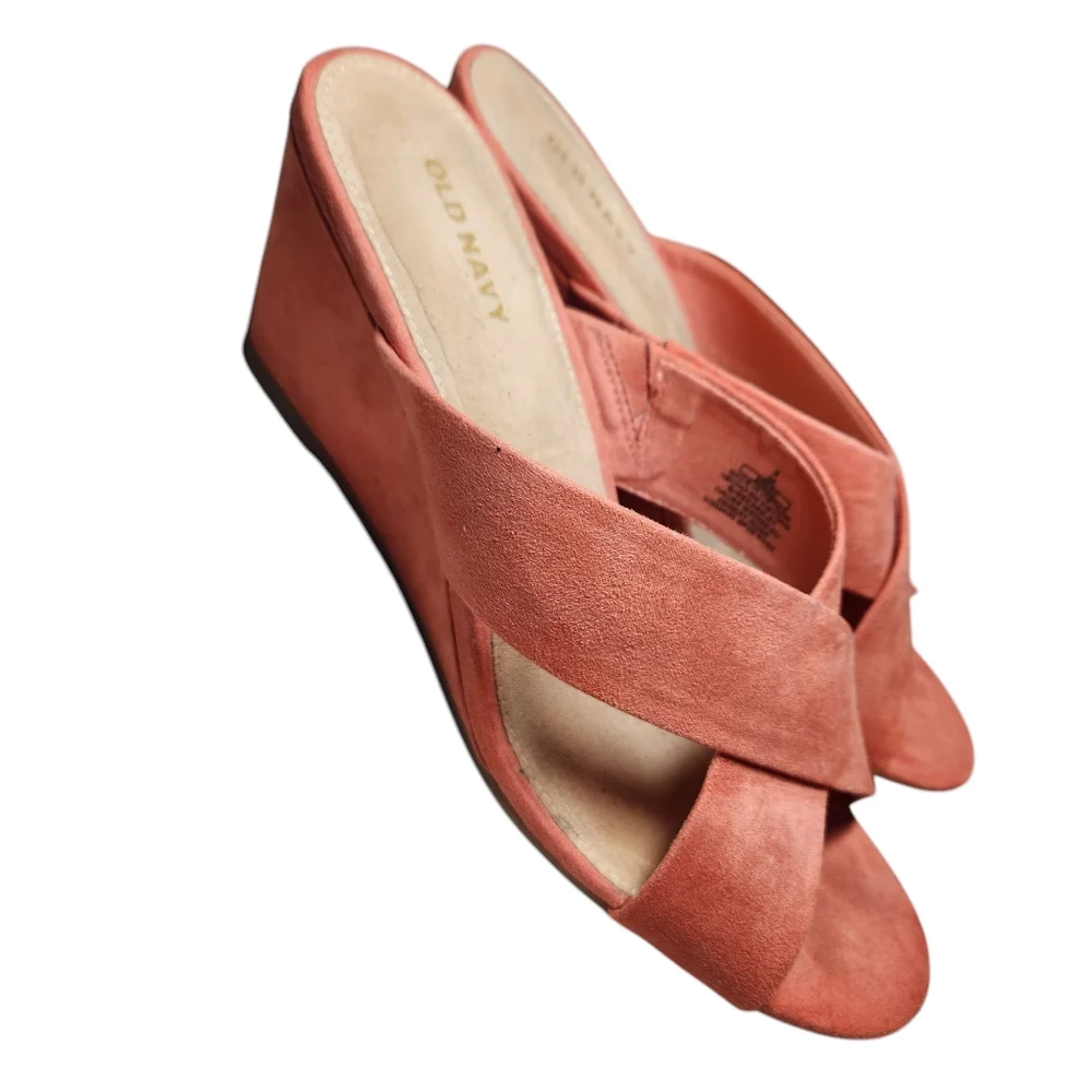 Old Navy Faux Suede Cross Strap‎ Coral Wedge Sandals Slides Desert Rose Orange 8
